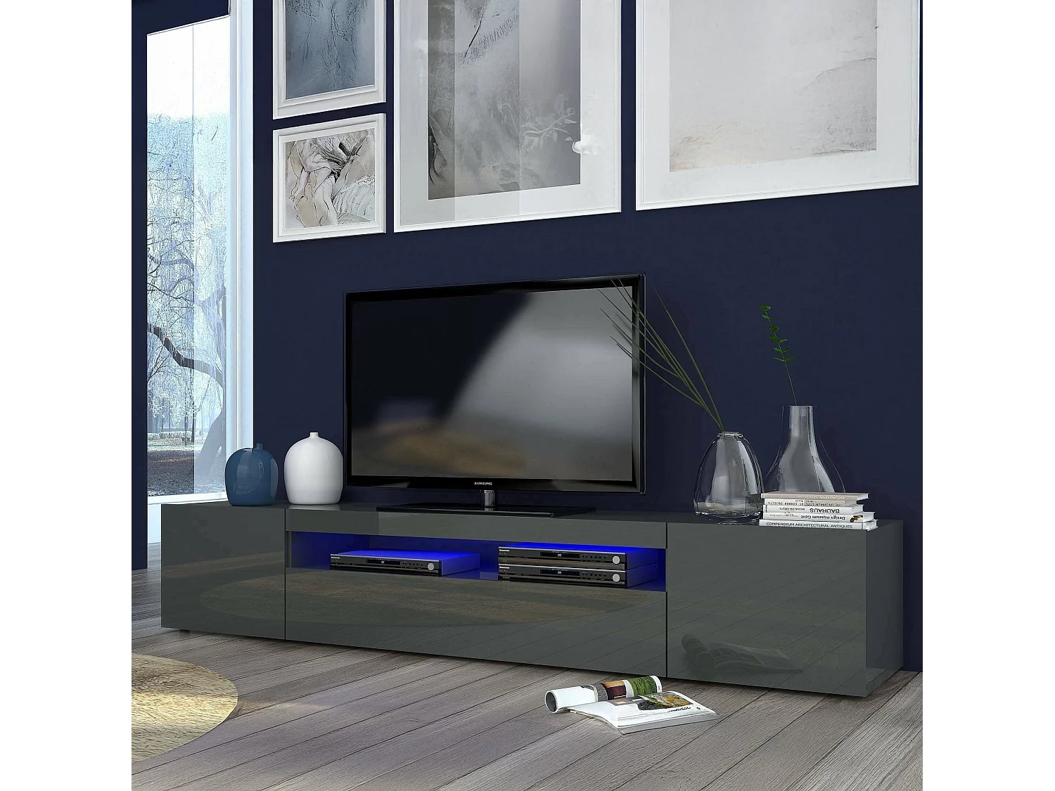 Mobile Porta tv Amore, 2 Ripiani Made in Italy, 40x200x37h cm Nero Antracite