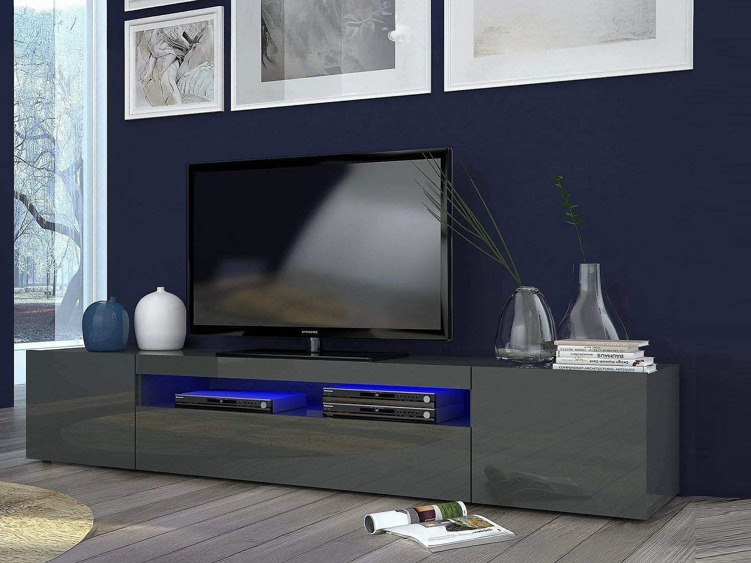 Mueble de televisión Dafrim, Aparador bajo para salón con 3 puertas, base soporte TV, 100% Made in Italy, cm 200x40h37, Antracita Brillo, con luz LED