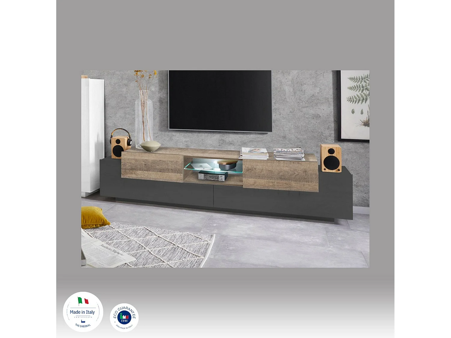 Fernsehschrank Vincenzo, Niedriges Sideboard für Wohnzimmer mit 2 Türen, Sockel für TV-Möbel, 100 % Made in Italy, cm 220x40h51, Anthrazit und Ahorn