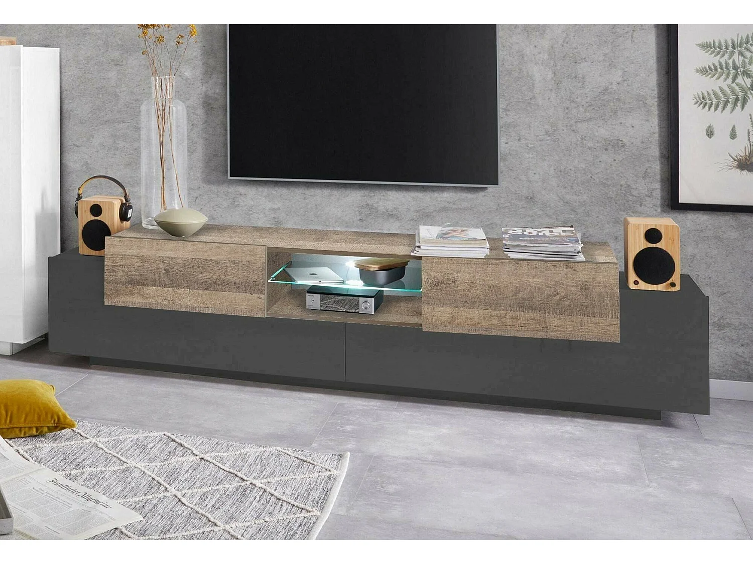 Dmora Tv-meubel Vincenzo 40x220x51h cm Zwart Antraciet 3 Planken 6 Vakken, 4 Deuren Made in Italy