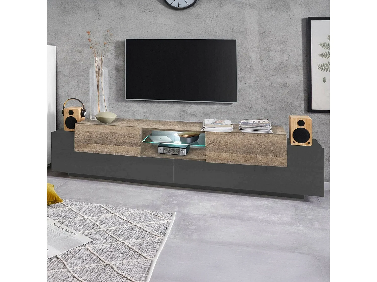 Dmora Tv-meubel Vincenzo 40x220x51h cm Zwart Antraciet 3 Planken 6 Vakken, 4 Deuren Made in Italy