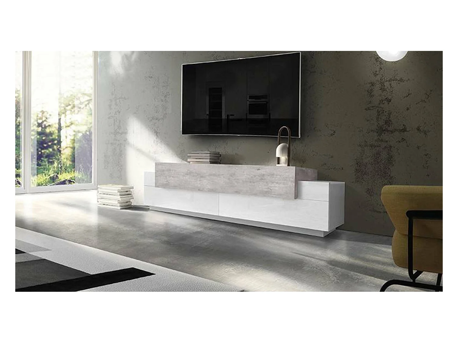 Fernsehschrank Dmirand, Niedriges Sideboard für Wohnzimmer, Sockel für TV-Möbel, 100 % Made in Italy, cm 200x45h52, Weiß glänzend und Zement