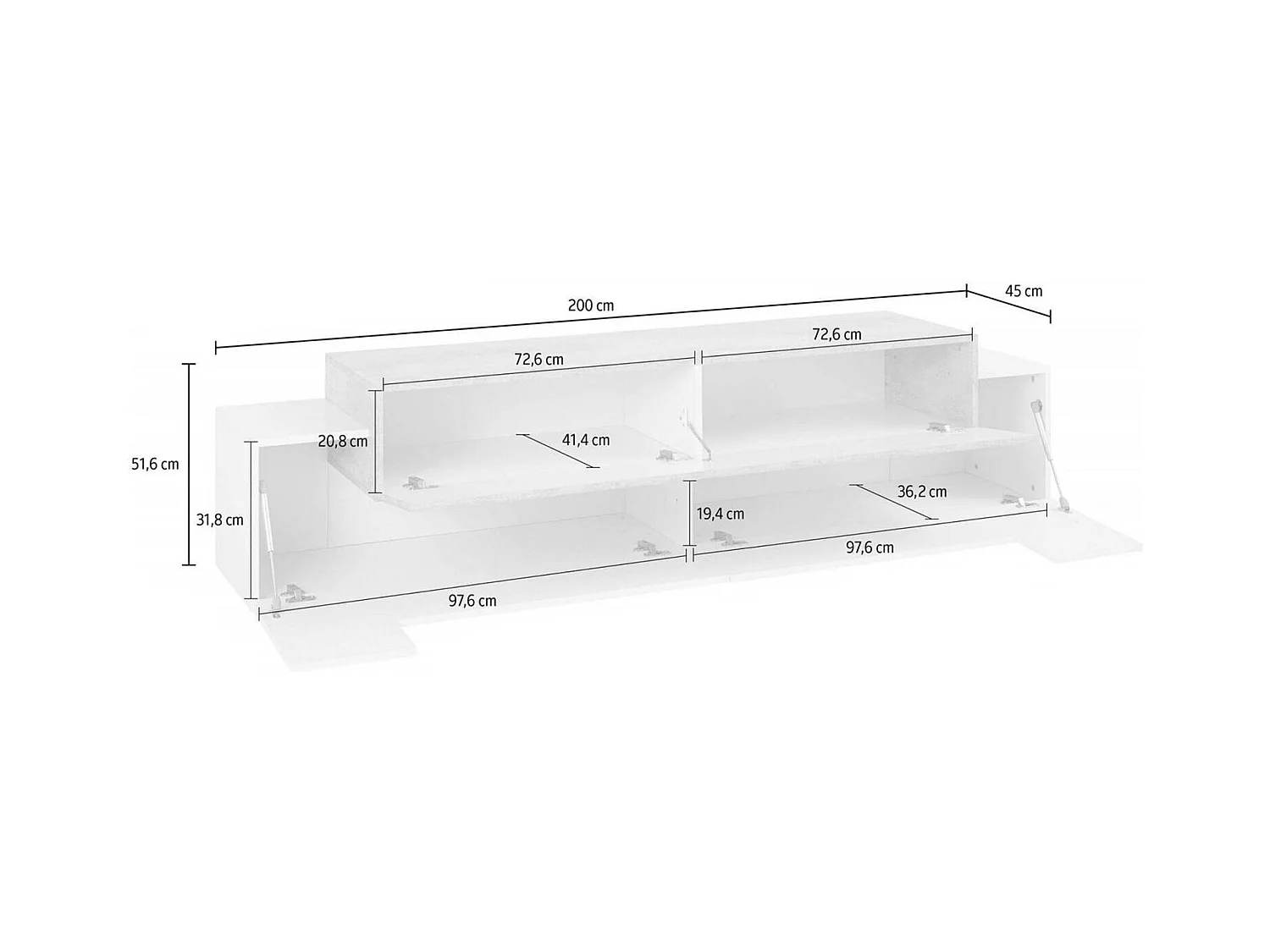 Fernsehschrank Dmirand, Niedriges Sideboard für Wohnzimmer, Sockel für TV-Möbel, 100 % Made in Italy, cm 200x45h52, Weiß glänzend und Zement