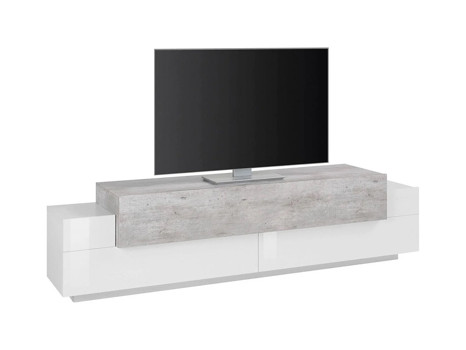 Fernsehschrank Dmirand, Niedriges Sideboard für Wohnzimmer, Sockel für TV-Möbel, 100 % Made in Italy, cm 200x45h52, Weiß glänzend und Zement
