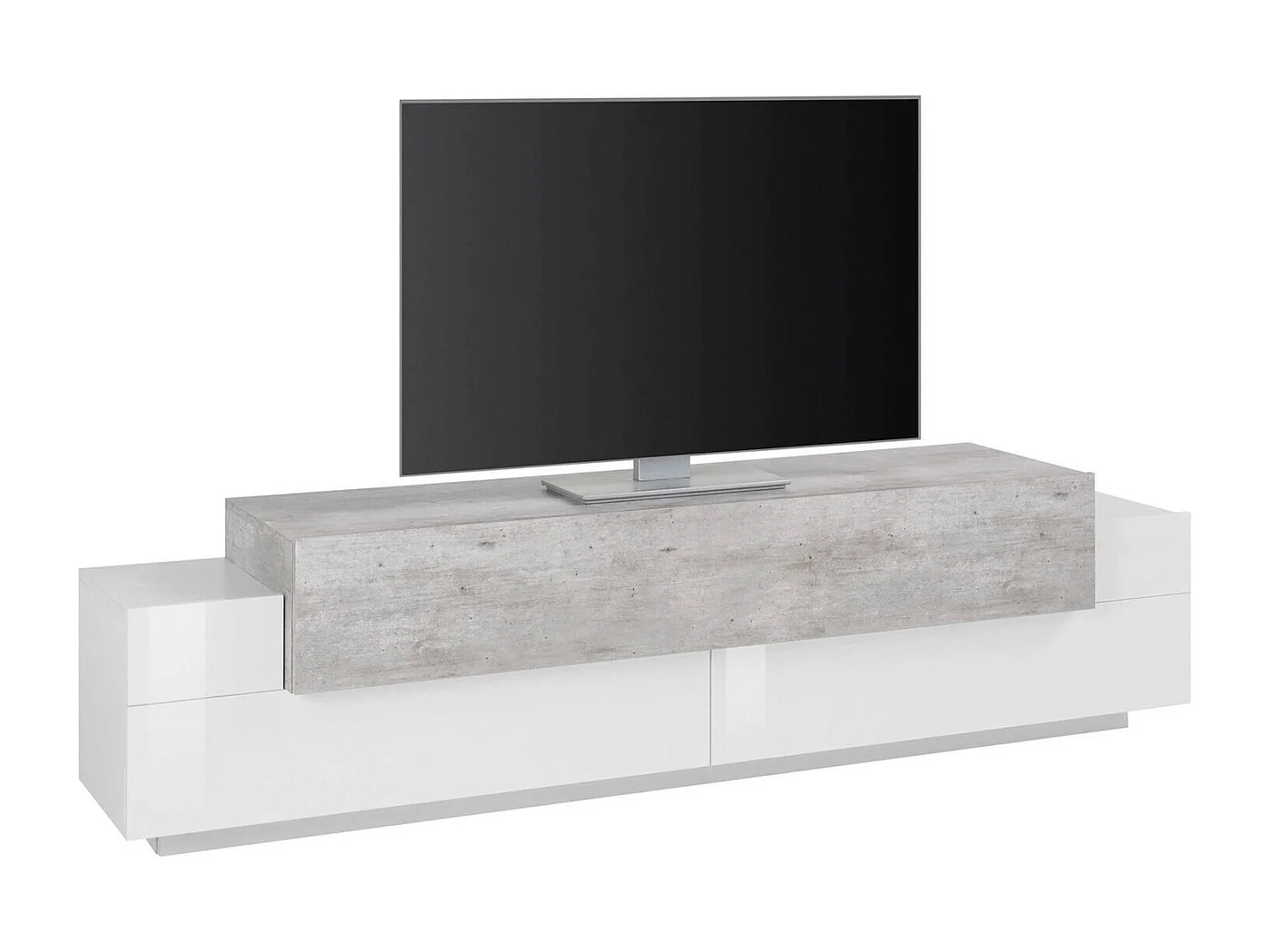 Meuble TV Dmirand, Buffet bas de salon, Base pour meuble TV, 100% Made in Italy, 200x45h52 cm, Blanc brillant et ciment