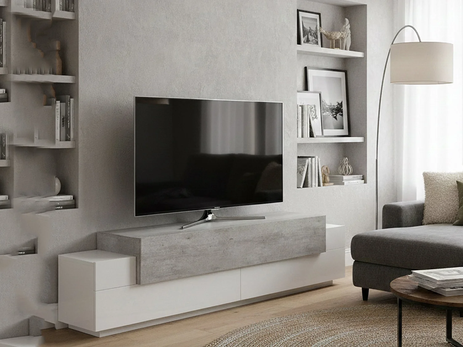 Meuble TV Dmirand, Buffet bas de salon, Base pour meuble TV, 100% Made in Italy, 200x45h52 cm, Blanc brillant et ciment