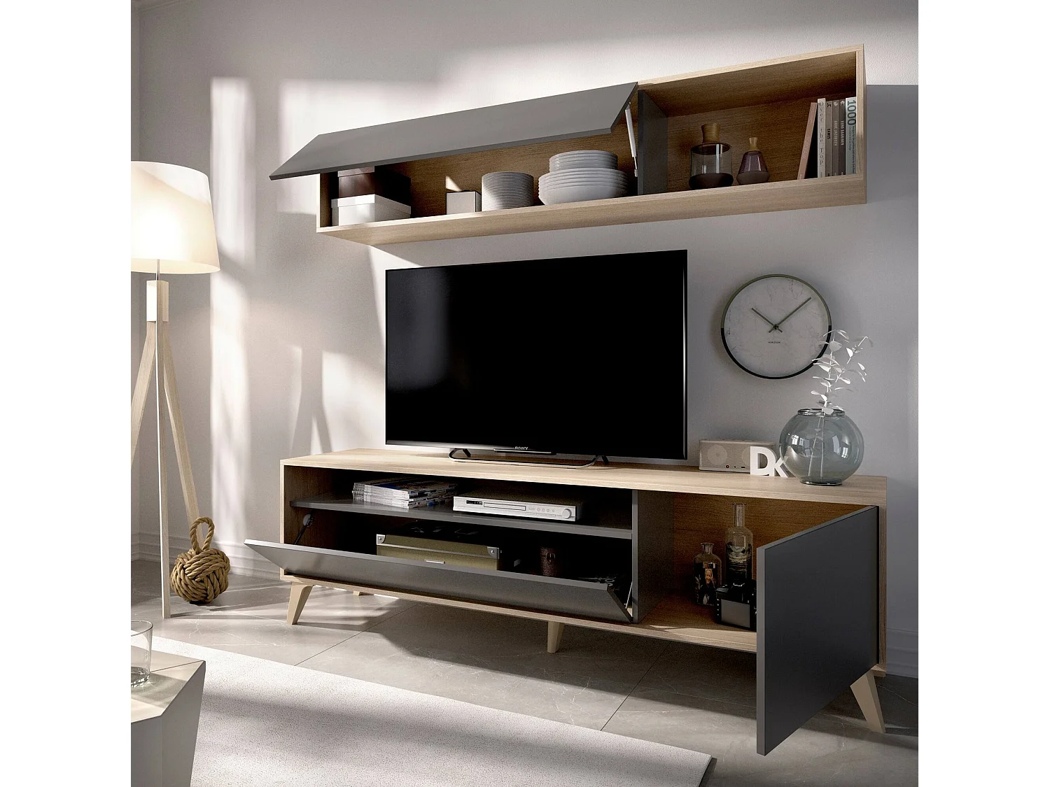 Mobile porta TV Tambo, Set da soggiorno porta TV, Mobile salotto multiuso, 180x41h180 cm, Antracite e Rovere Nodi