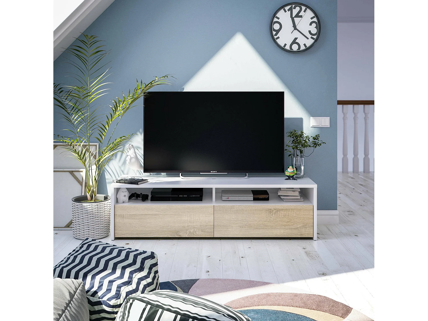 Dmora - Mobile porta TV Ahuri, 130x40h36 cm, Bianco lucido