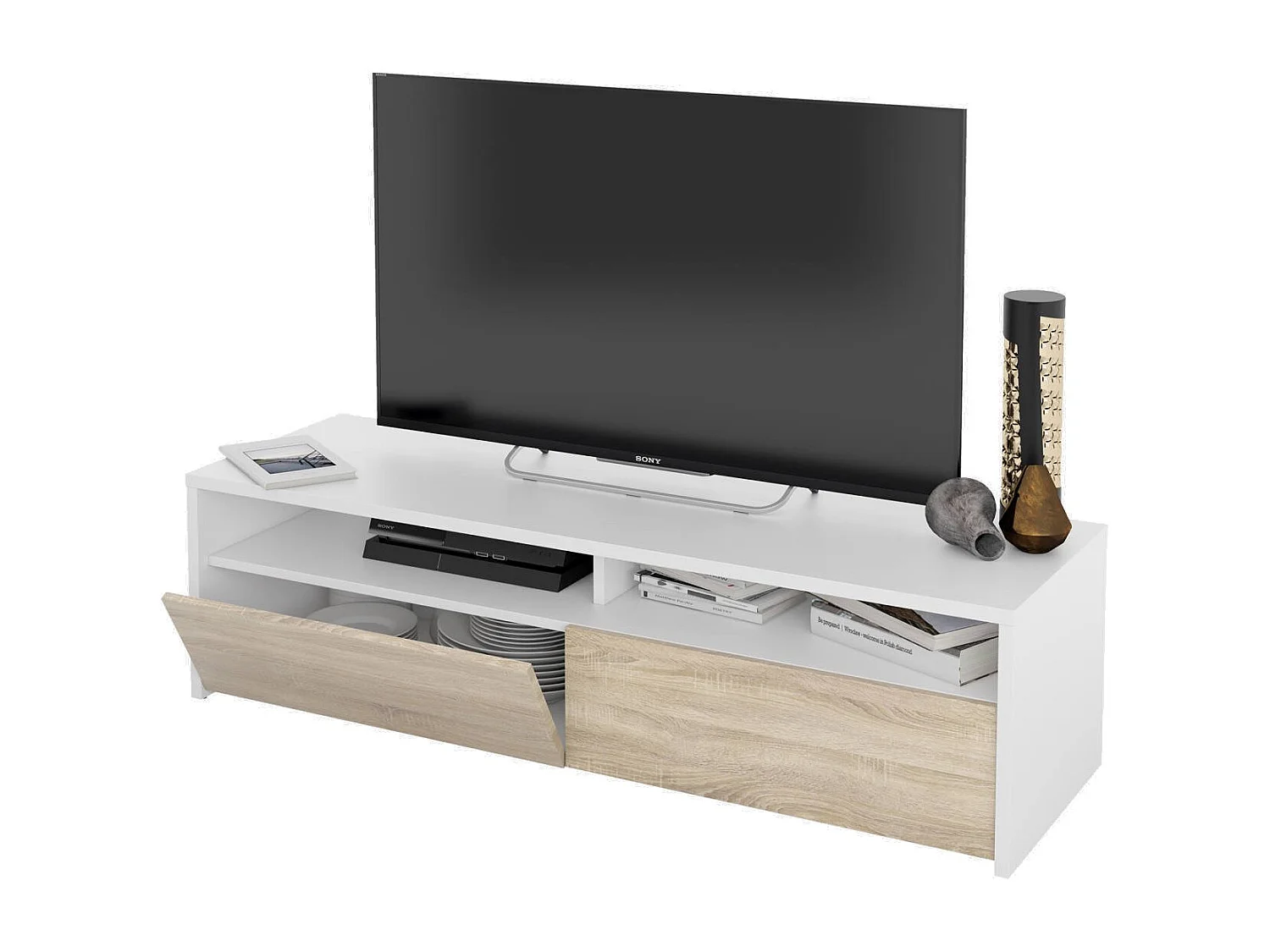 Meuble TV Ddacunh, Meuble TV, Buffet de salon bas moderne, Buffet télévision de salon avec 2 portes, 130x40h36 cm, Blanc brillant