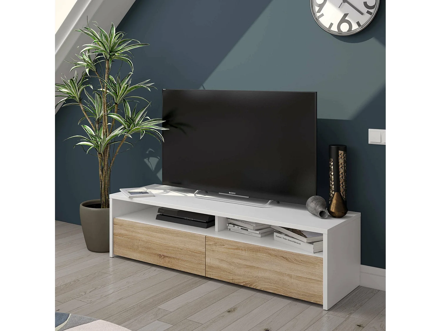 TV-Ständer Ddacunh, Sideboard für Wohnzimmerfernseher mit 2 Türen, Fernsehtisch, Niedriges modernes Wohnzimmerbuffet, 130x40h36 cm, Glänzend WeiÃŸ