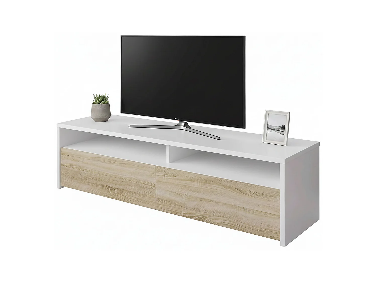 Meuble TV Ddacunh, Meuble TV, Buffet de salon bas moderne, Buffet télévision de salon avec 2 portes, 130x40h36 cm, Blanc brillant