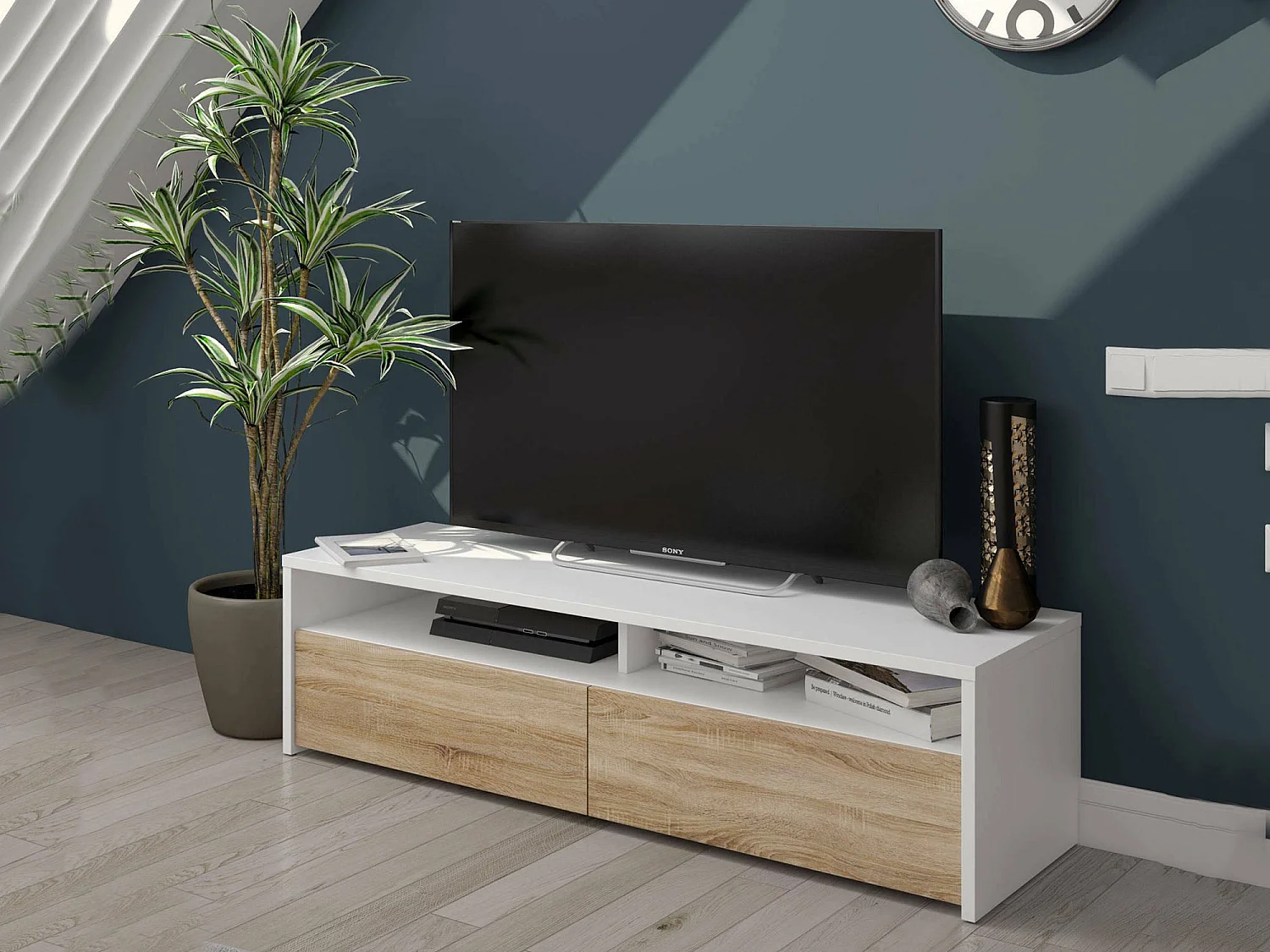 Soporte de TV Ddacunh, Aparador para salón televisión con 2 puertas, soporte TV, Buffet de sala de estar moderno bajo, 130x40h36 cm, Blanco brillante