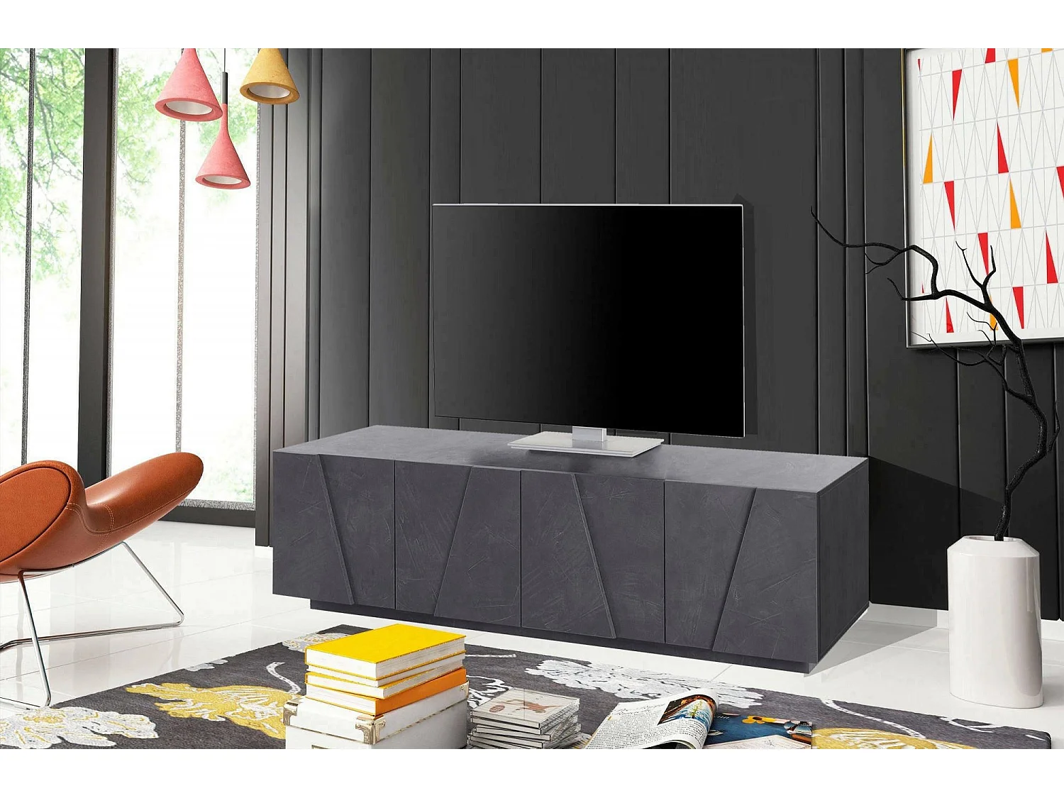 Móvel de TV Djungda, aparador baixo da sala, base de móvel de TV, 100% Fabricado na Itália, 162x44h46 cm, Cinza Ardósia