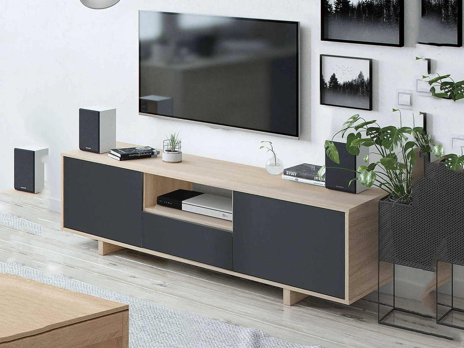 Móvel TV Dnard, Aparador para televisão da sala, Móvel TV 3 portas, Aparador baixo, 150x41h46 cm, Carvalho