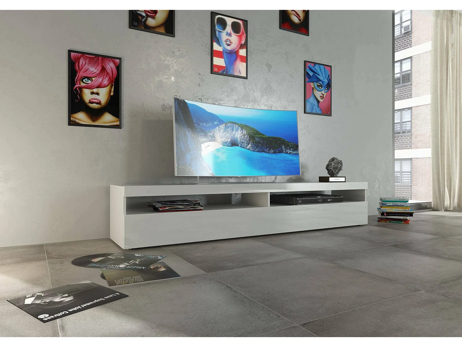 Meuble TV Dcanott, Buffet bas de salon, Base pour meuble TV, 100% Made in Italy, 200x45h36 cm, Blanc brillant