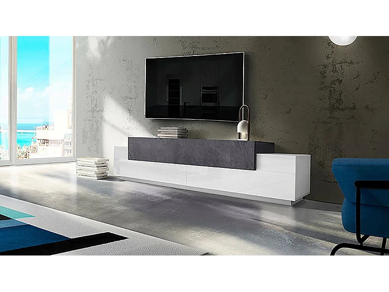 Meuble TV Dlamann, Buffet bas de salon, Base pour meuble TV, 100% Made in Italy, 240x45h52 cm, Blanc brillant et ardoise