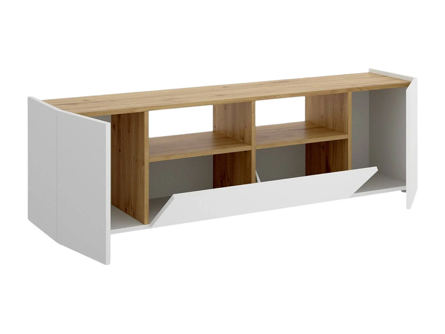 Meuble TV Dcotal, Buffet bas de salon, Buffet de salon pour télévision, 142x35h44 cm, Blanc et Chêne Noeud