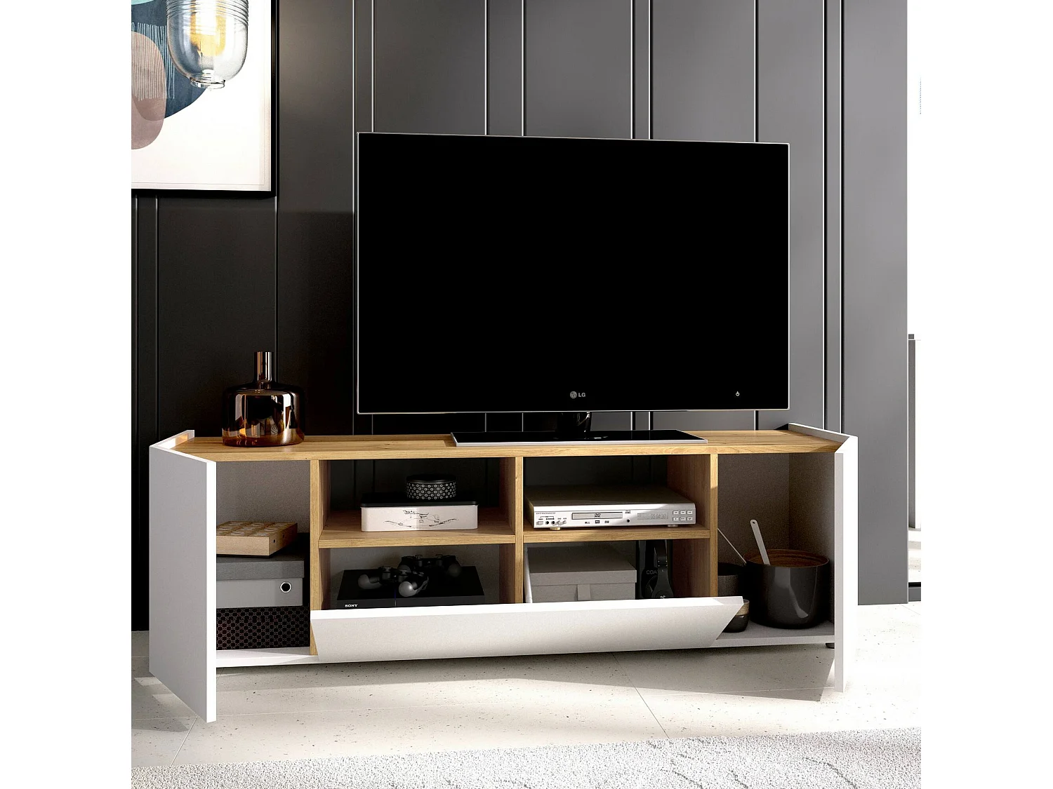 Meuble TV Dcotal, Buffet bas de salon, Buffet de salon pour télévision, 142x35h44 cm, Blanc et Chêne Noeud