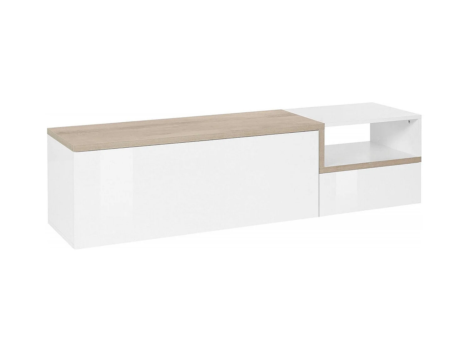 Dgal TV-meubel, Laag woonkamerdressoir met 2 deuren, TV-meubelbasis, 100% Made in Italy, 160x40h46 cm, Glanzend wit en esdoorn