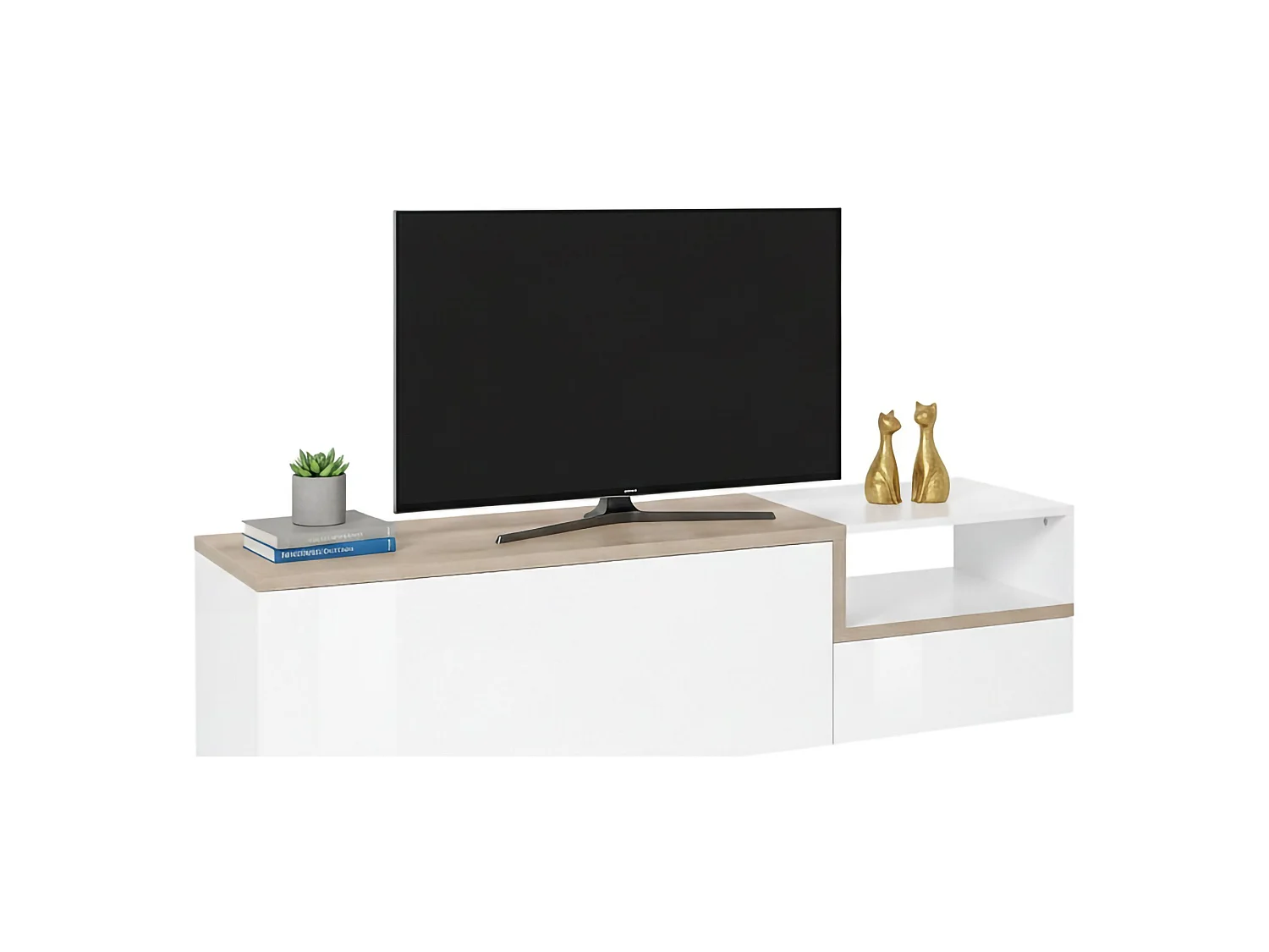 Meuble TV Dgal, Buffet bas de salon avec 2 portes, Base pour meuble TV, 100% Made in Italy, 160x40h46 cm, Blanc brillant et érable