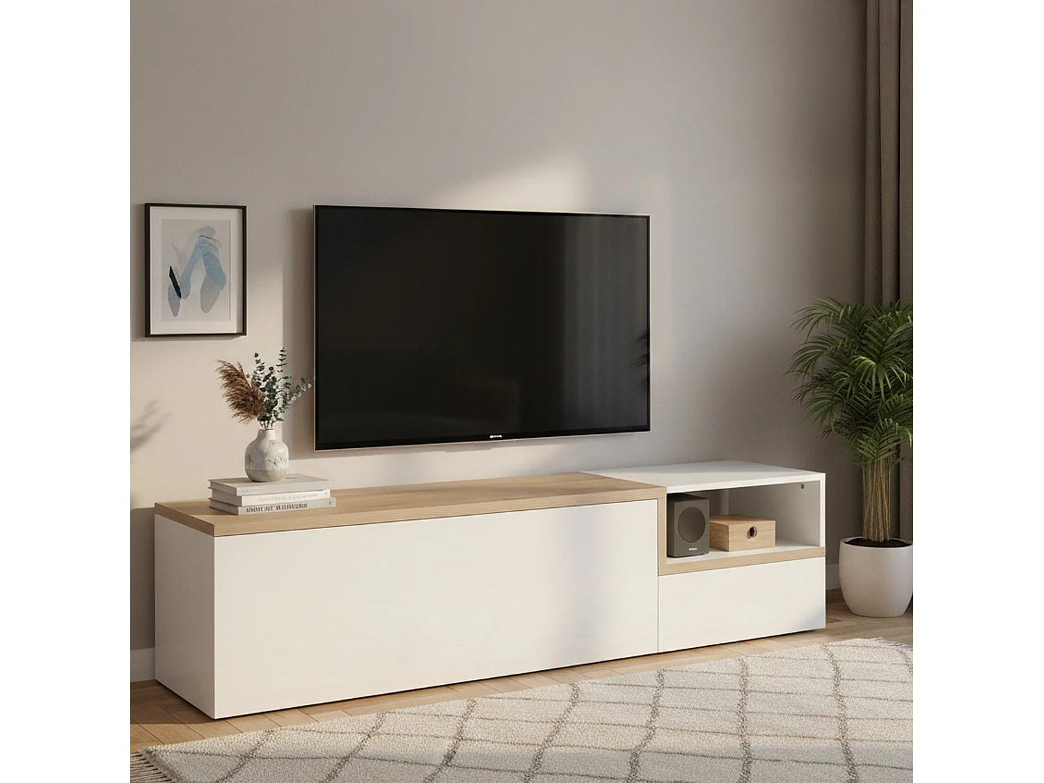 Meuble TV Dgal, Buffet bas de salon avec 2 portes, Base pour meuble TV, 100% Made in Italy, 160x40h46 cm, Blanc brillant et érable