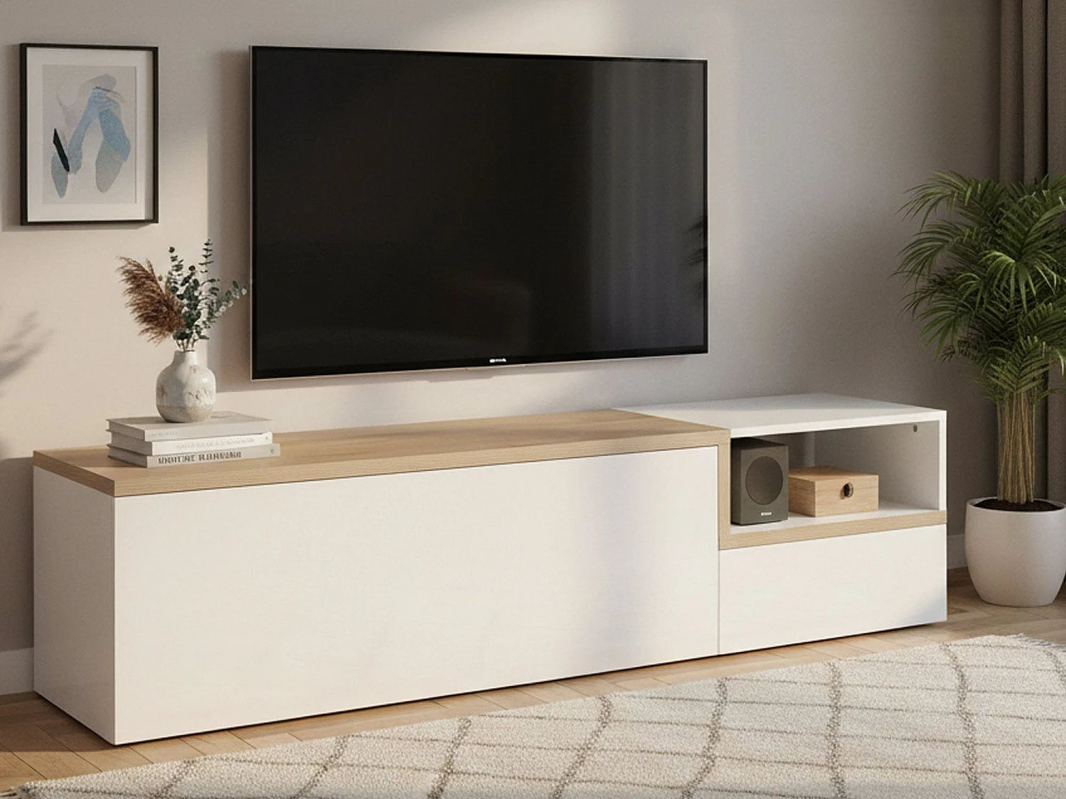 Dgal TV-meubel, Laag woonkamerdressoir met 2 deuren, TV-meubelbasis, 100% Made in Italy, 160x40h46 cm, Glanzend wit en esdoorn