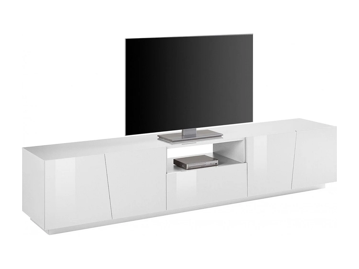 Dlori TV-meubel, Laag woonkamerdressoir, TV-meubelbasis, 100% Made in Italy, 220x43h46 cm, Glanzend wit