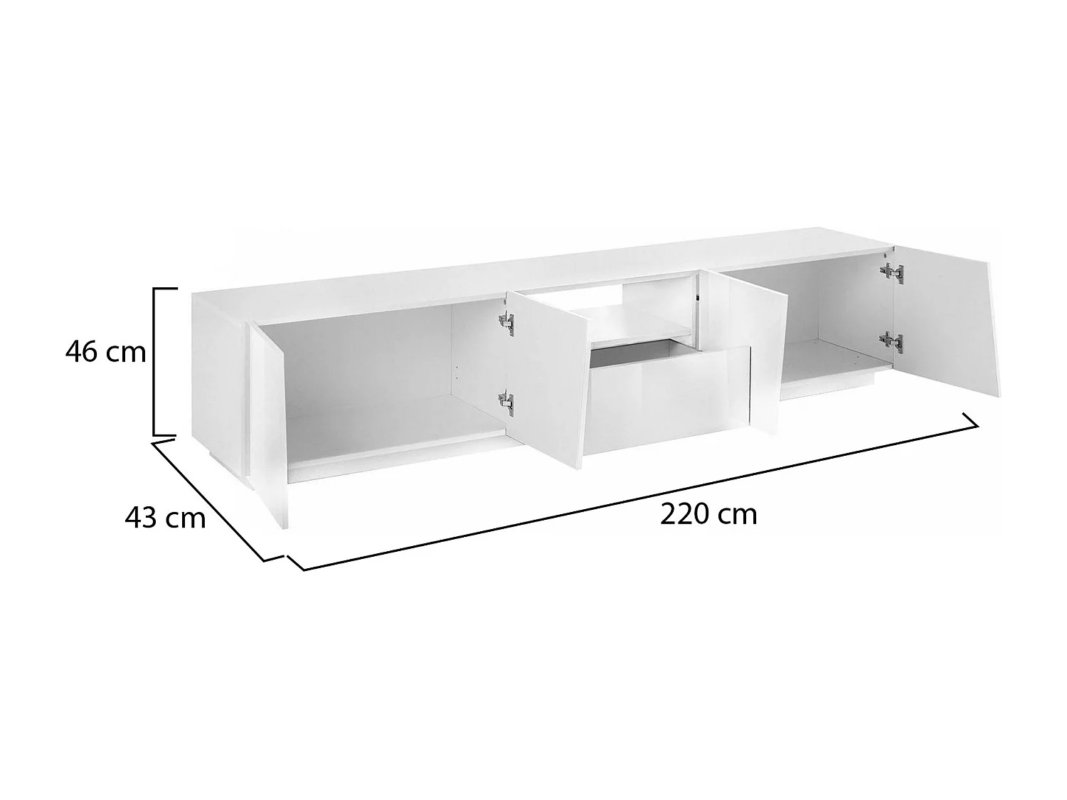 Meuble TV Dlori, Buffet bas de salon, Base pour meuble TV, 100% Made in Italy, 220x43h46 cm, Blanc brillant