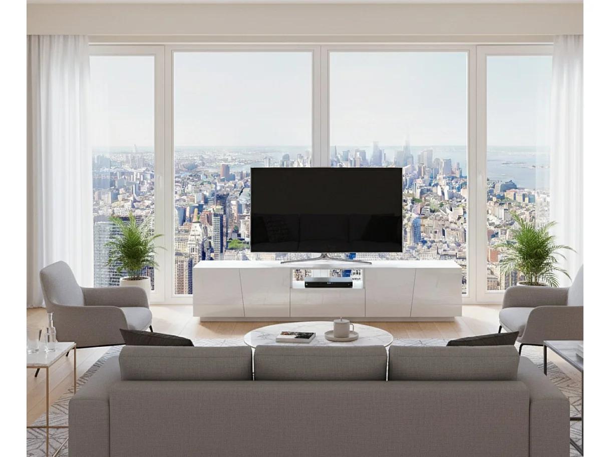 Meuble TV Dlori, Buffet bas de salon, Base pour meuble TV, 100% Made in Italy, 220x43h46 cm, Blanc brillant