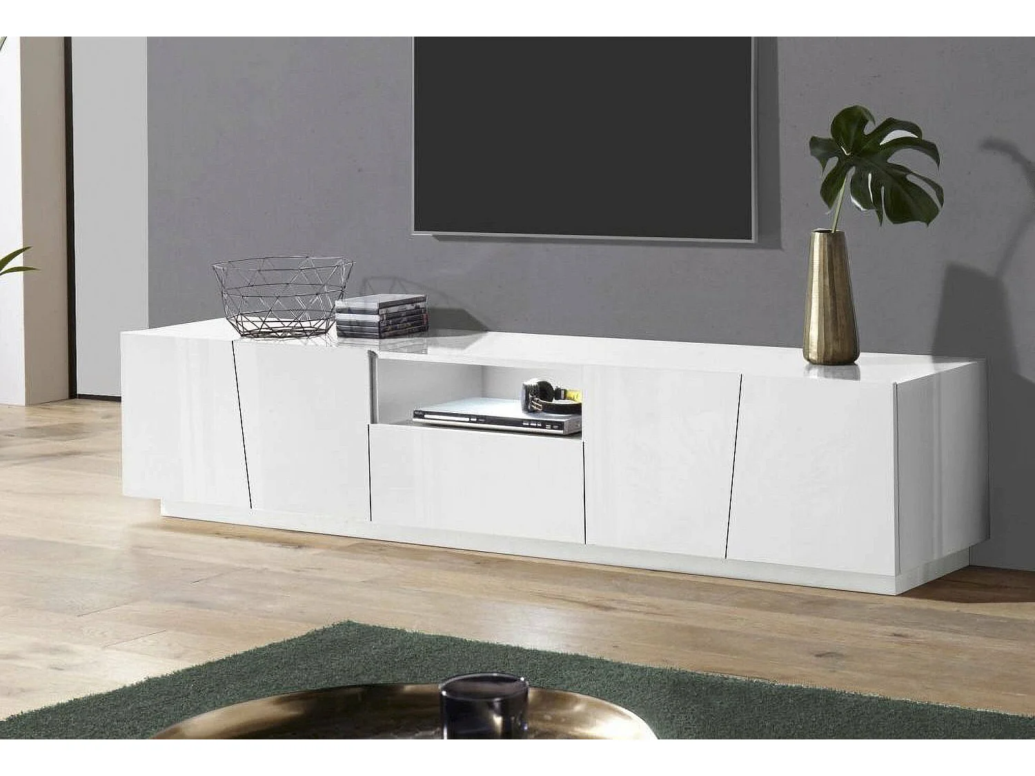 Meuble TV Dlori, Buffet bas de salon, Base pour meuble TV, 100% Made in Italy, 220x43h46 cm, Blanc brillant