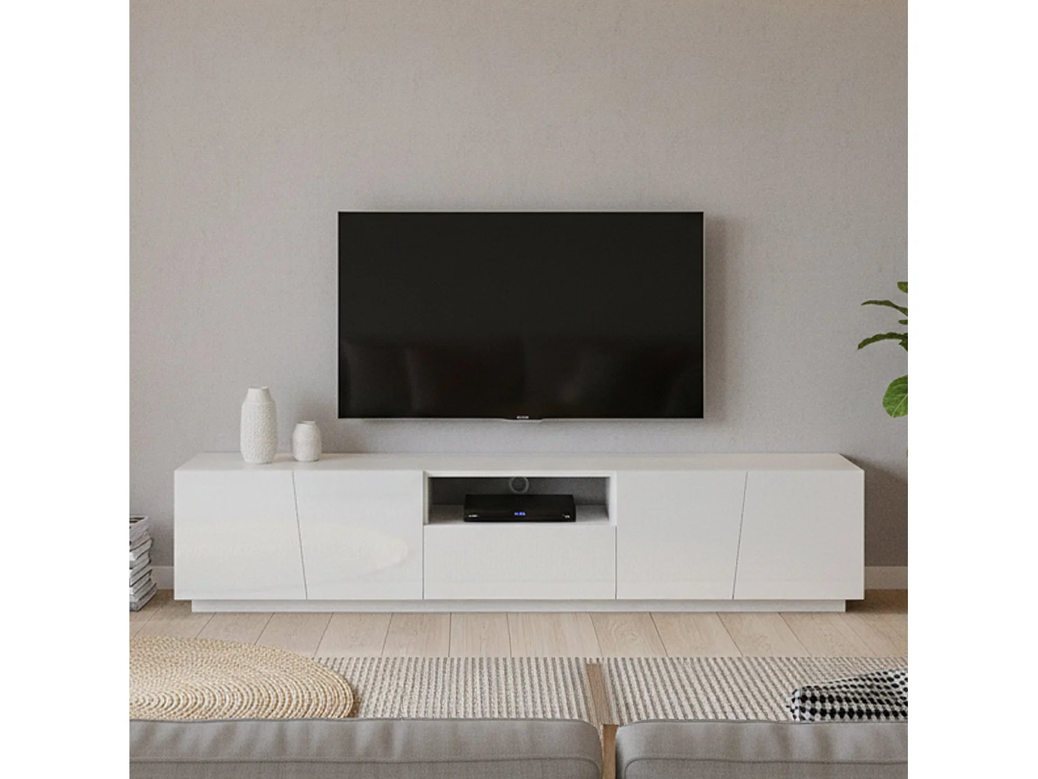 Mobile Porta tv Azzurras, un Cassetto Made in Italy, 43x220x46h cm Bianco Lucido