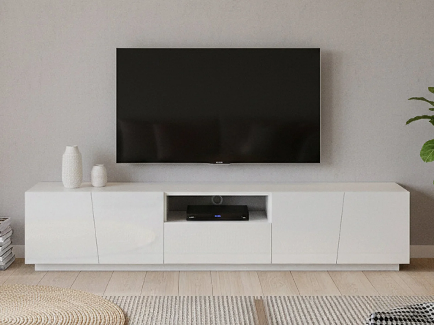Meuble TV Dlori, Buffet bas de salon, Base pour meuble TV, 100% Made in Italy, 220x43h46 cm, Blanc brillant