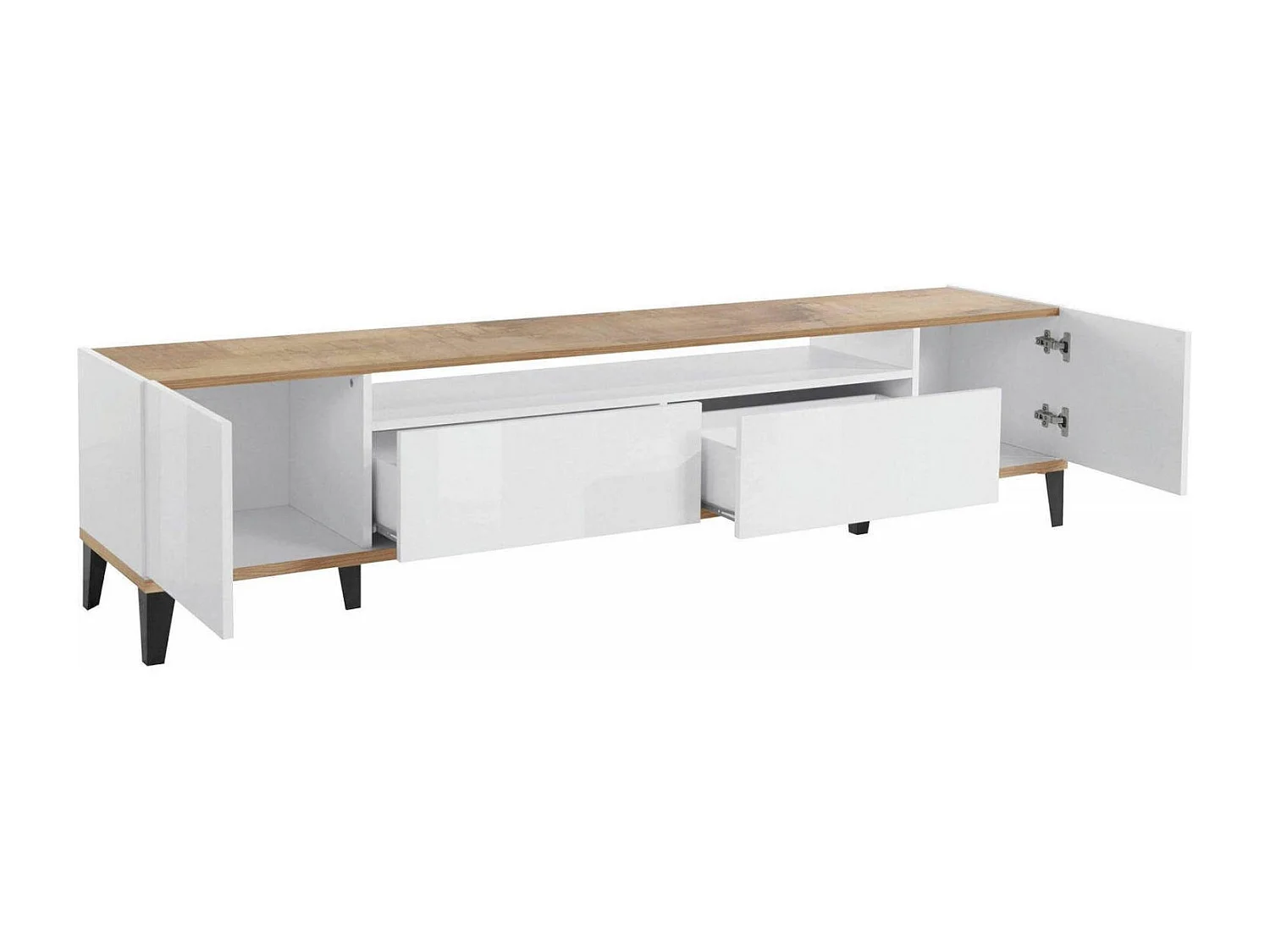 Meuble TV Dmaigna, Buffet bas de salon avec 2 portes, Base pour meuble TV, 100% Made in Italy, 200x40h47 cm, Blanc brillant et érable
