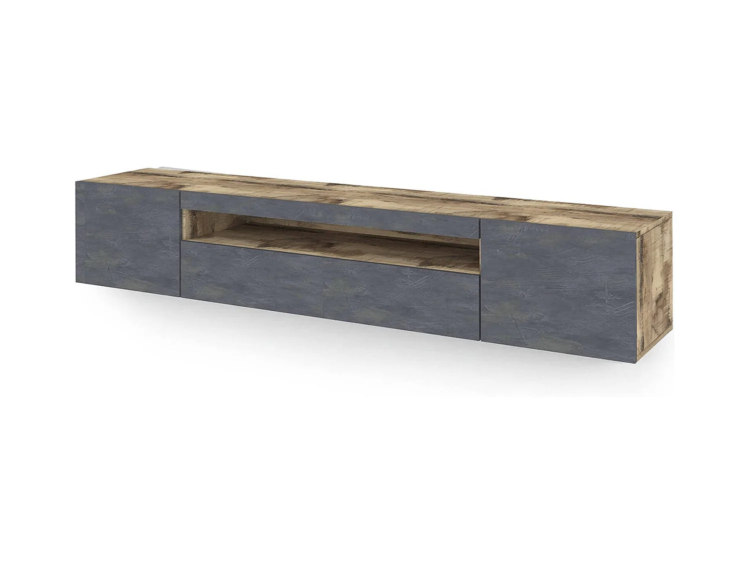 Meuble TV Dafrim, Buffet bas de salon avec 3 portes, Base pour meuble TV, 100% Made in Italy, 200x40h37 cm, Érable et Ardoise, avec lumière LED