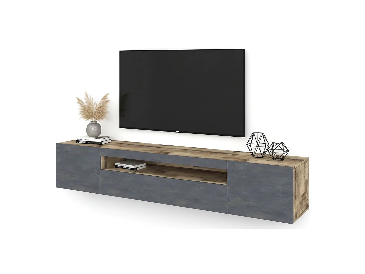 Meuble TV Dafrim, Buffet bas de salon avec 3 portes, Base pour meuble TV, 100% Made in Italy, 200x40h37 cm, Érable et Ardoise, avec lumière LED