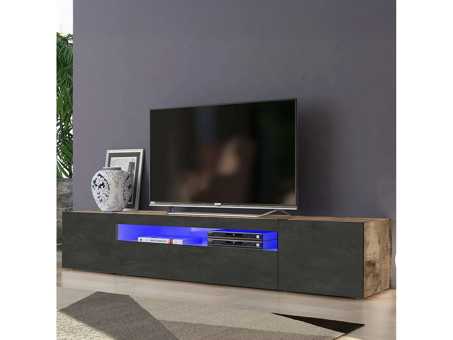 Meuble TV Dafrim, Buffet bas de salon avec 3 portes, Base pour meuble TV, 100% Made in Italy, 200x40h37 cm, Érable et Ardoise, avec lumière LED