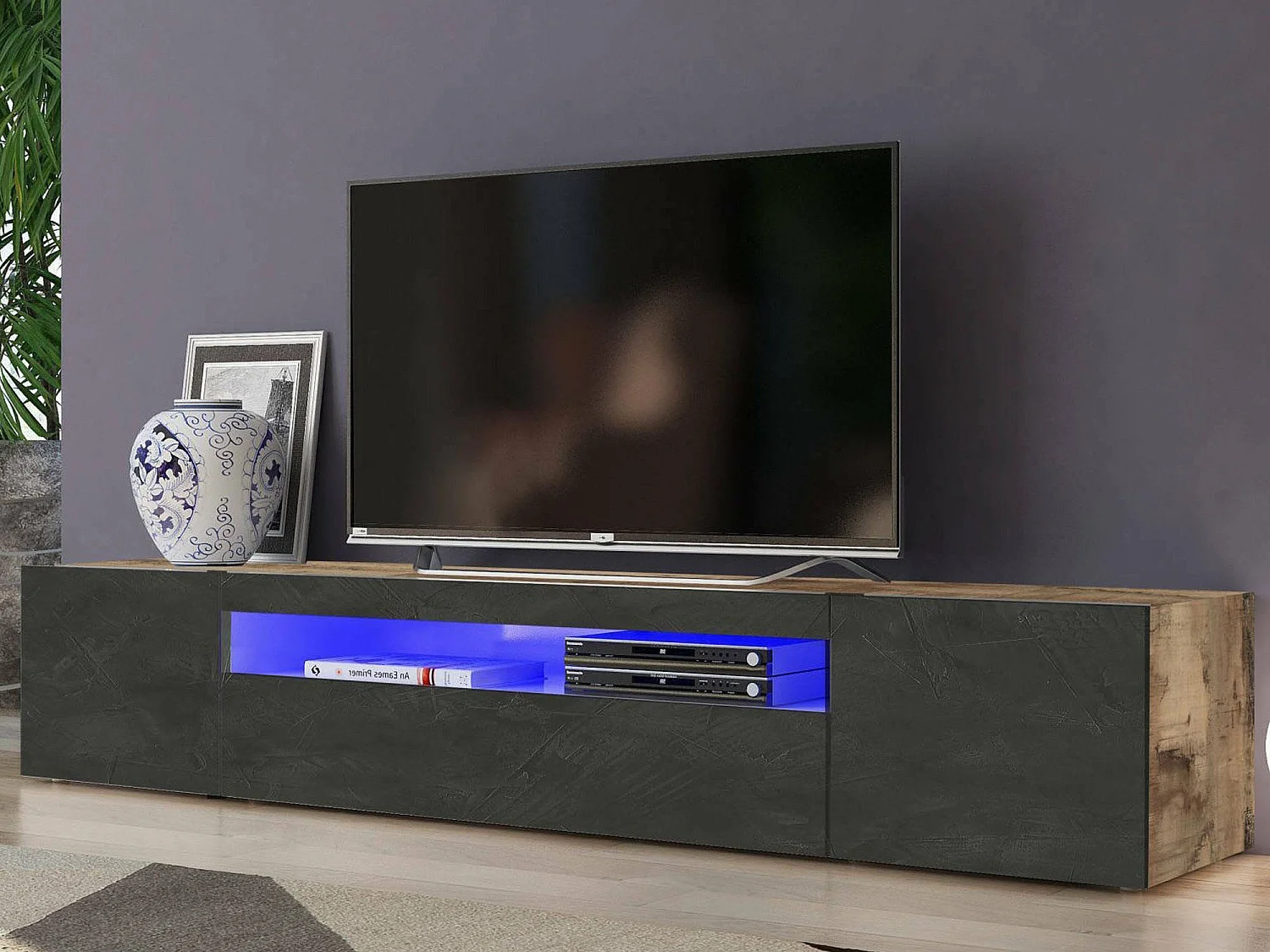 Fernsehschrank Dafrim, Niedriges Sideboard für Wohnzimmer mit 3 Türen, Sockel für TV-Möbel, 100 % Made in Italy, cm 200x40h37, Ahorn und Schiefer, mit LED-Licht