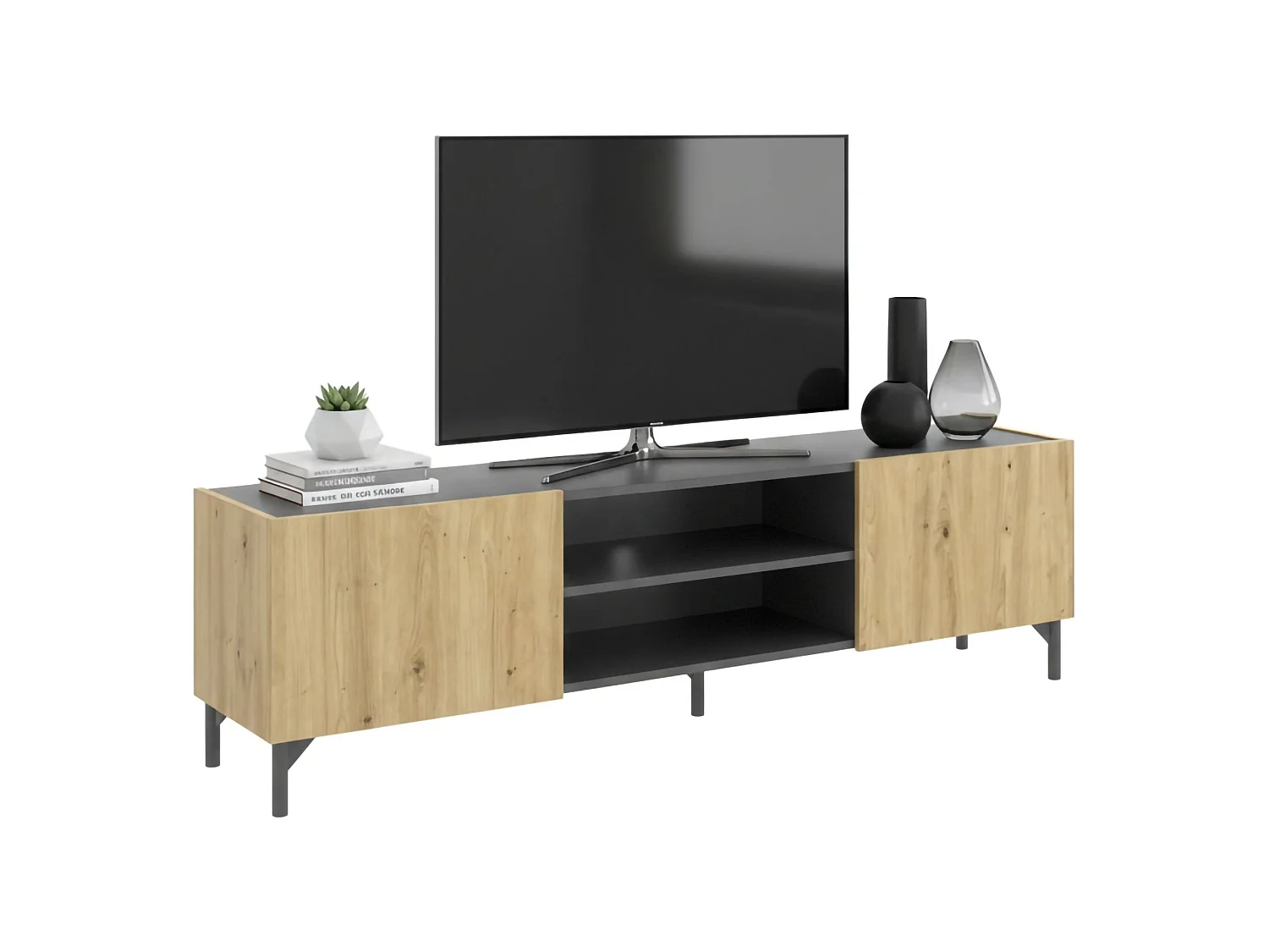 Mueble TV Dcod, Aparador salón bajo, Aparador salón para televisión, 161x35h45 cm, Roble Nudos y Antracita