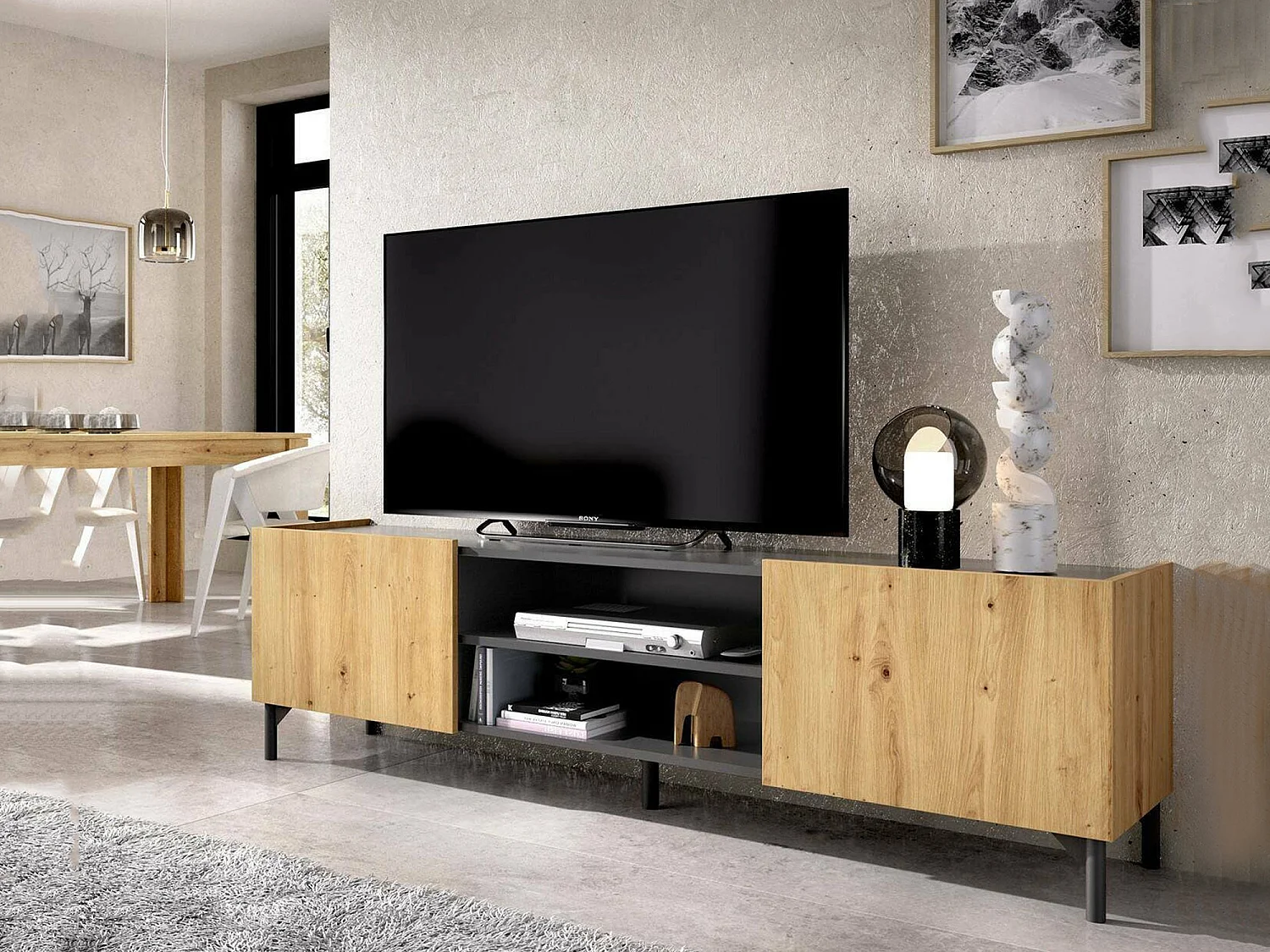 Mueble TV Dcod, Aparador salón bajo, Aparador salón para televisión, 161x35h45 cm, Roble Nudos y Antracita