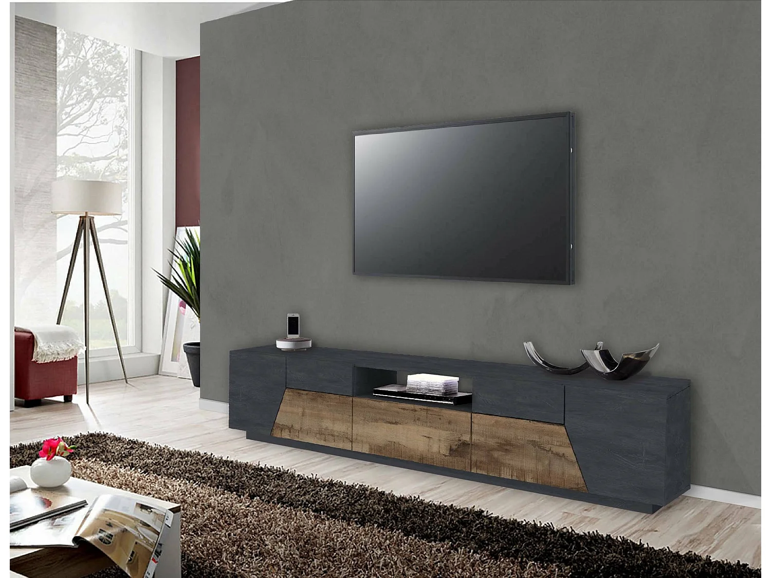 Mobile Porta tv Animai, un Cassetto Made in Italy, 43x220x46h cm Grigio Acero