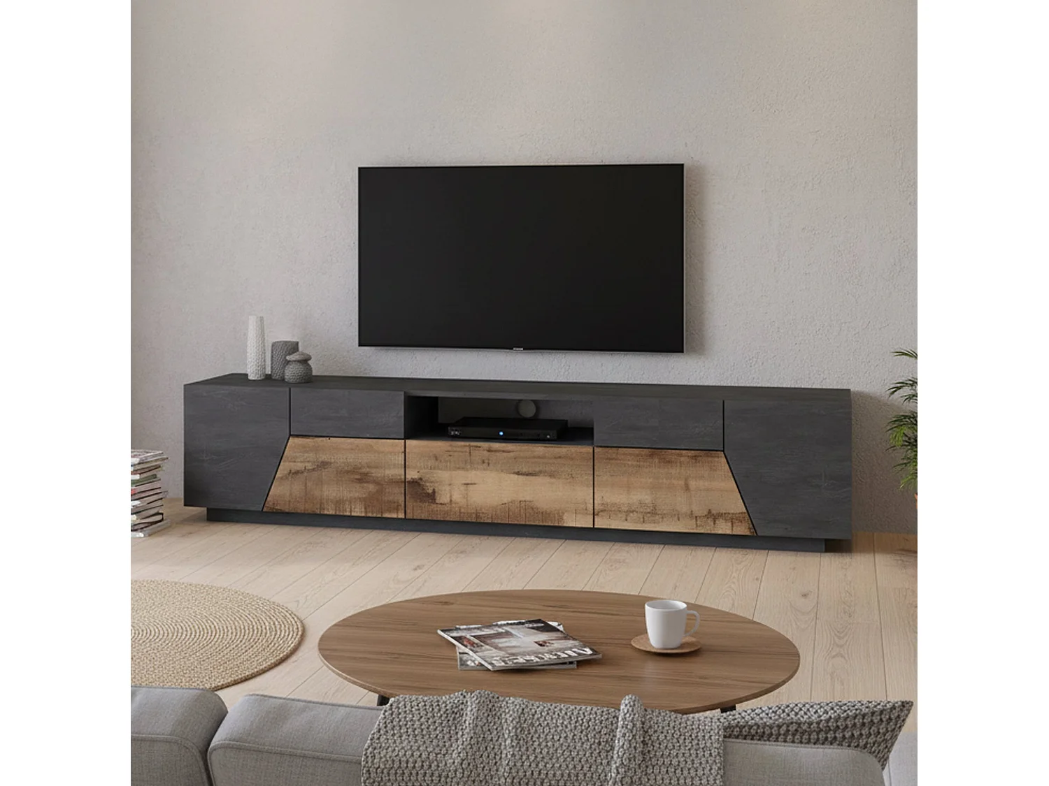 Meuble TV Dfilipp, Buffet bas de salon, Base pour meuble TV, 100% Made in Italy, 220x43h46 cm, Ardoise et Érable