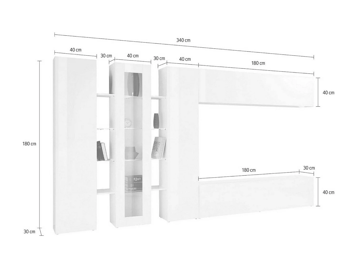 Wohnzimmermöbel Ivano, TV-Ständer Wohnzimmerset, Wohnzimmermöbel mit Vitrine und LED-Licht, 100% Made in Italy, cm 320x30h180, Anthrazit