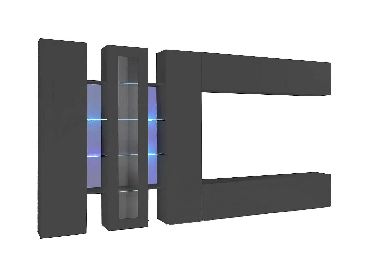 Ivano wandsysteem, TV-meubel woonkamerset, Woonkamermeubel met vitrine en LED-licht, 100% Made in Italy, 320x30h180 cm, Antraciet