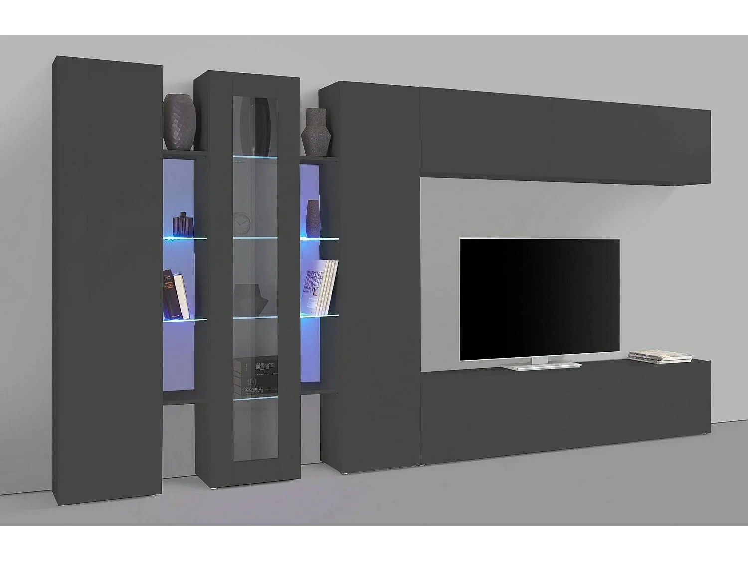 Système mural Ivano, meuble TV pour salon, meuble de salon avec vitrine et lumière LED, 100% Made in Italy, 320x30h180 cm, Anthracite