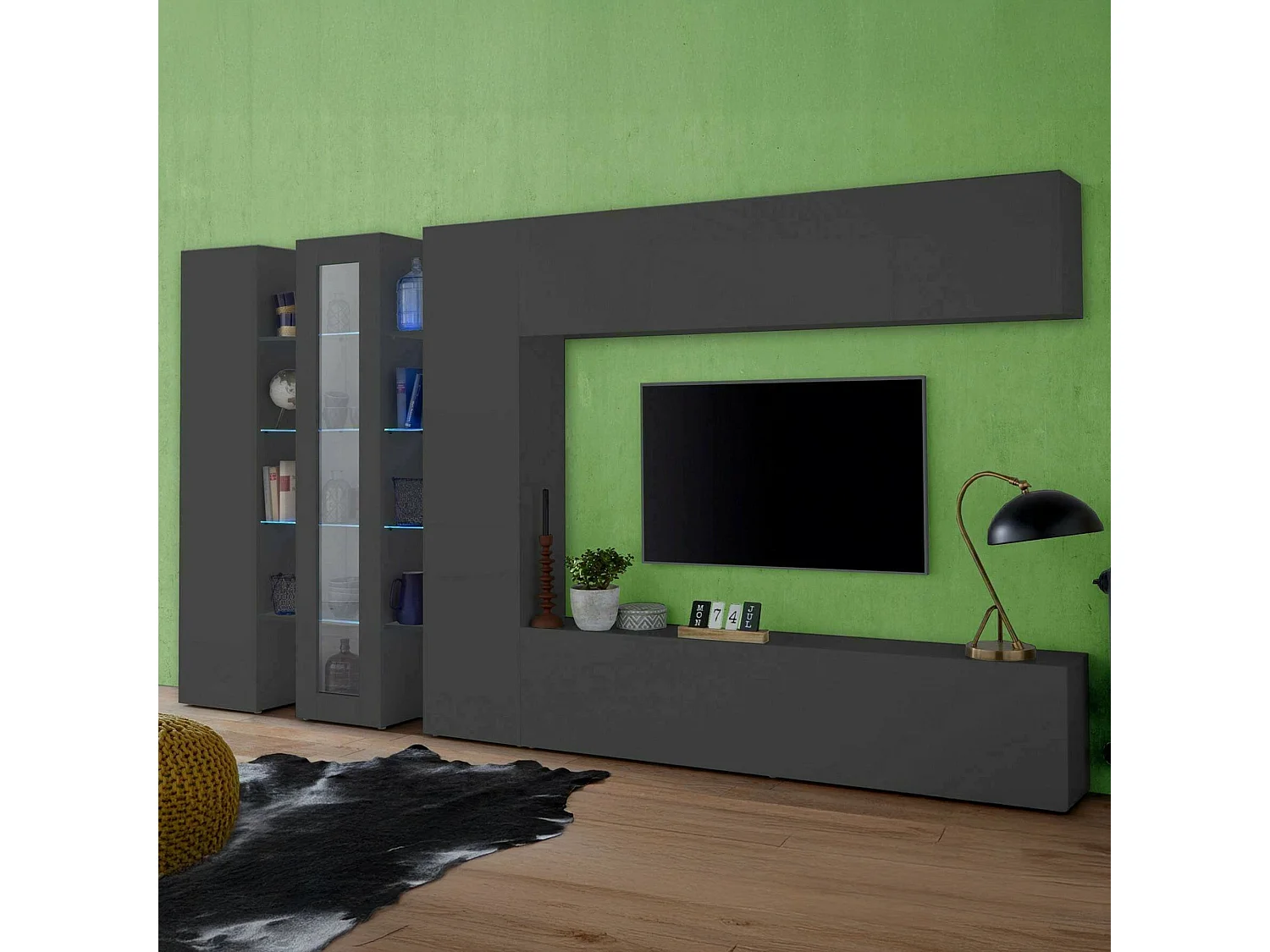 Dmora Wandmeubel Ivano 30x320x180h cm Antraciet, 23 Planken: Deuren openend en klapbaar, 5 Deuren Made in Italy