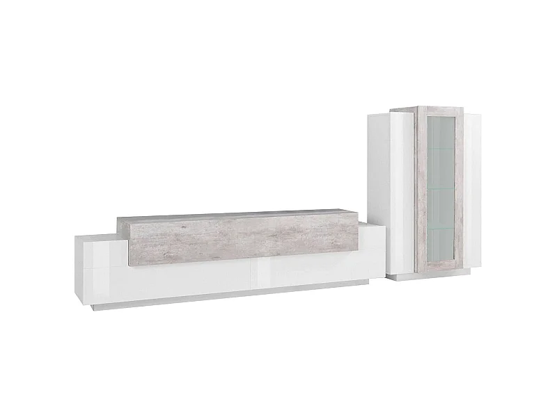Système mural Mirko, ensemble de salon meuble TV, meuble de salon polyvalent, 100% Made in Italy, 280x45h121 cm, blanc brillant et béton