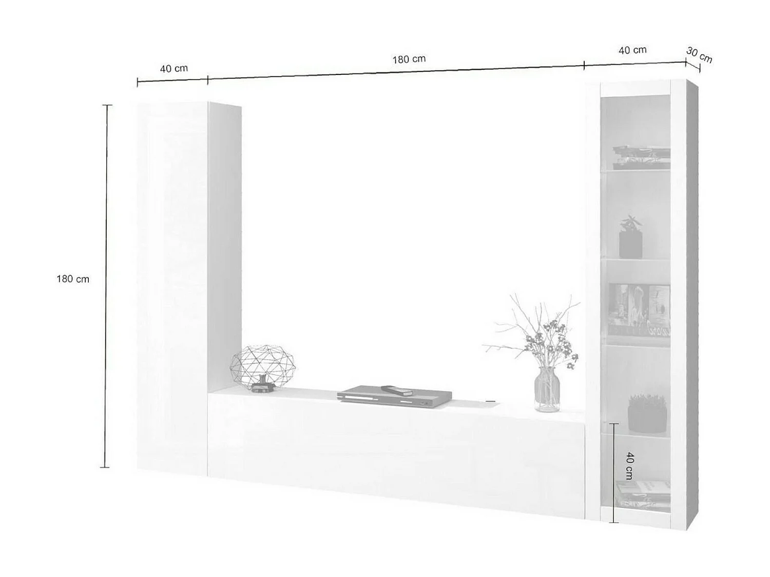 Système mural Girolamo, meuble TV 3 portes, Meuble de salon polyvalent avec vitrine et lumière LED, 100% Made in Italy, 260x30h180 cm, Blanc brillant