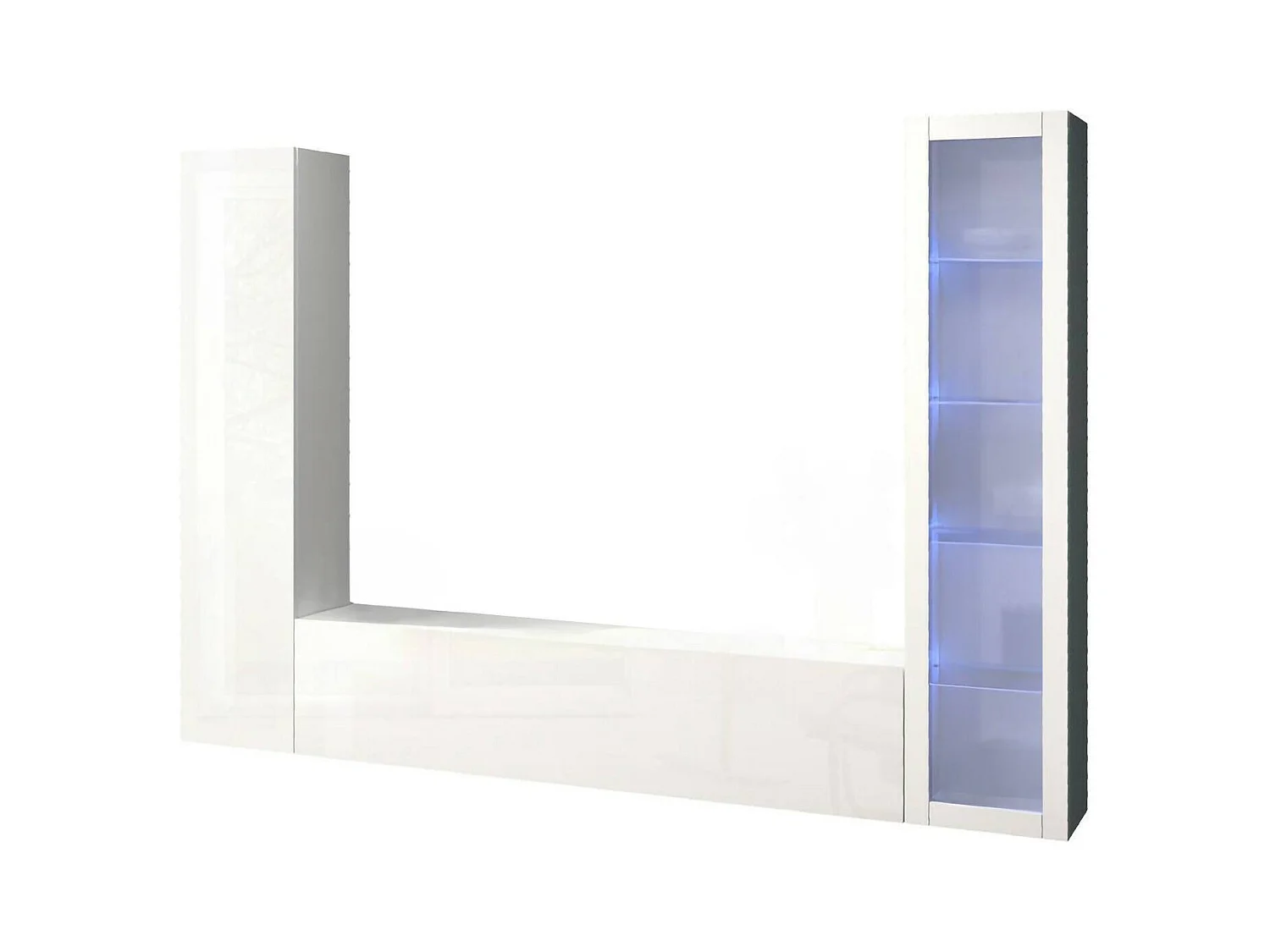 Système mural Girolamo, meuble TV 3 portes, Meuble de salon polyvalent avec vitrine et lumière LED, 100% Made in Italy, 260x30h180 cm, Blanc brillant