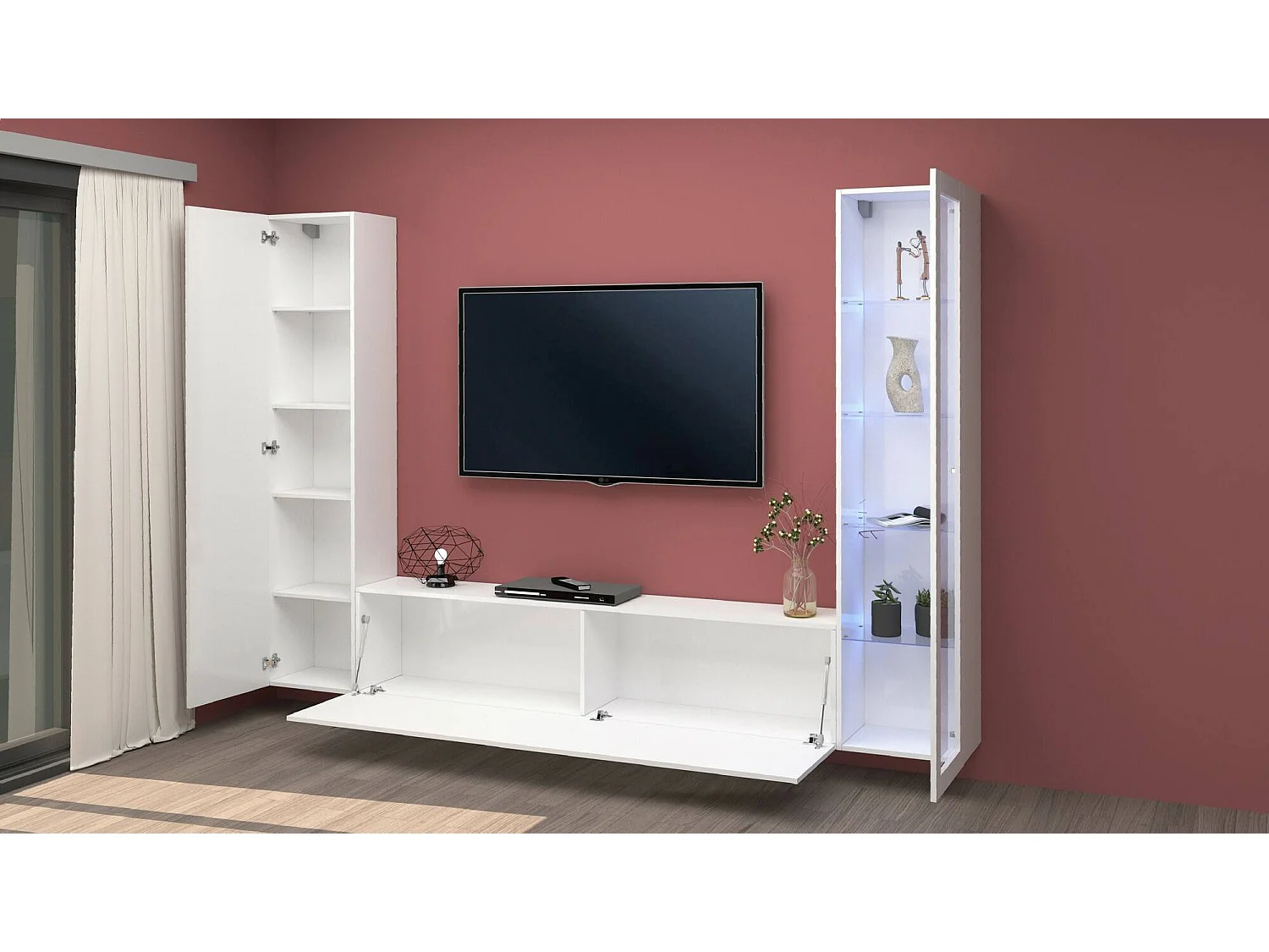 Wohnzimmermöbel Girolamo, Wohnzimmer-Set TV-Möbel mit 3 Türen, Mehrzweck-Wohnmöbel mit Vitrine und LED-Licht, 100 % Made in Italy, cm 260x30h180, glänzend weiÃŸ
