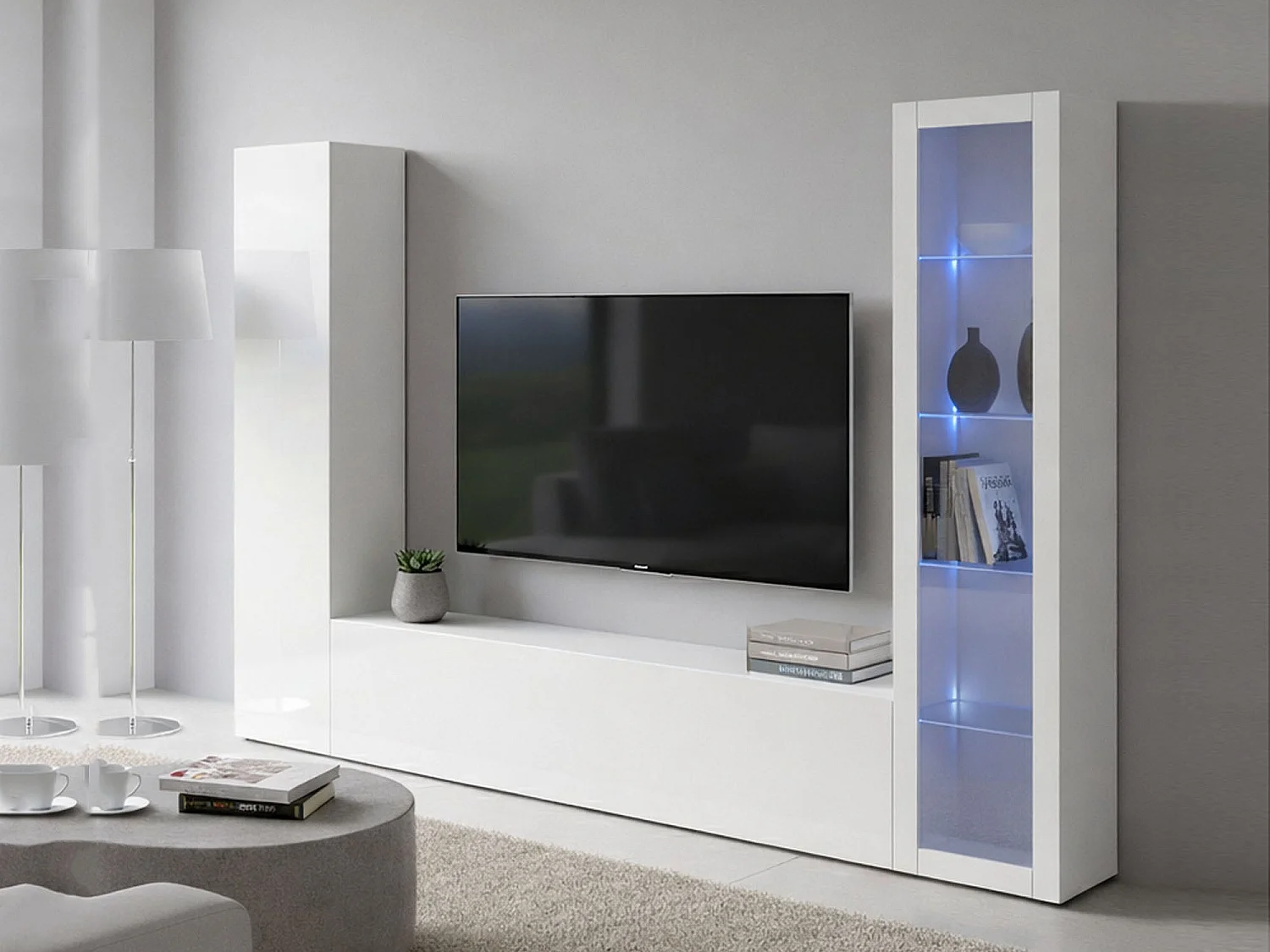 Parete attrezzata Girolamo, Set salotto porta TV a 3 ante, Mobile soggiorno multiuso con vetrina e luce LED, 100% Made in Italy, cm 260x30h180, Bianco lucido